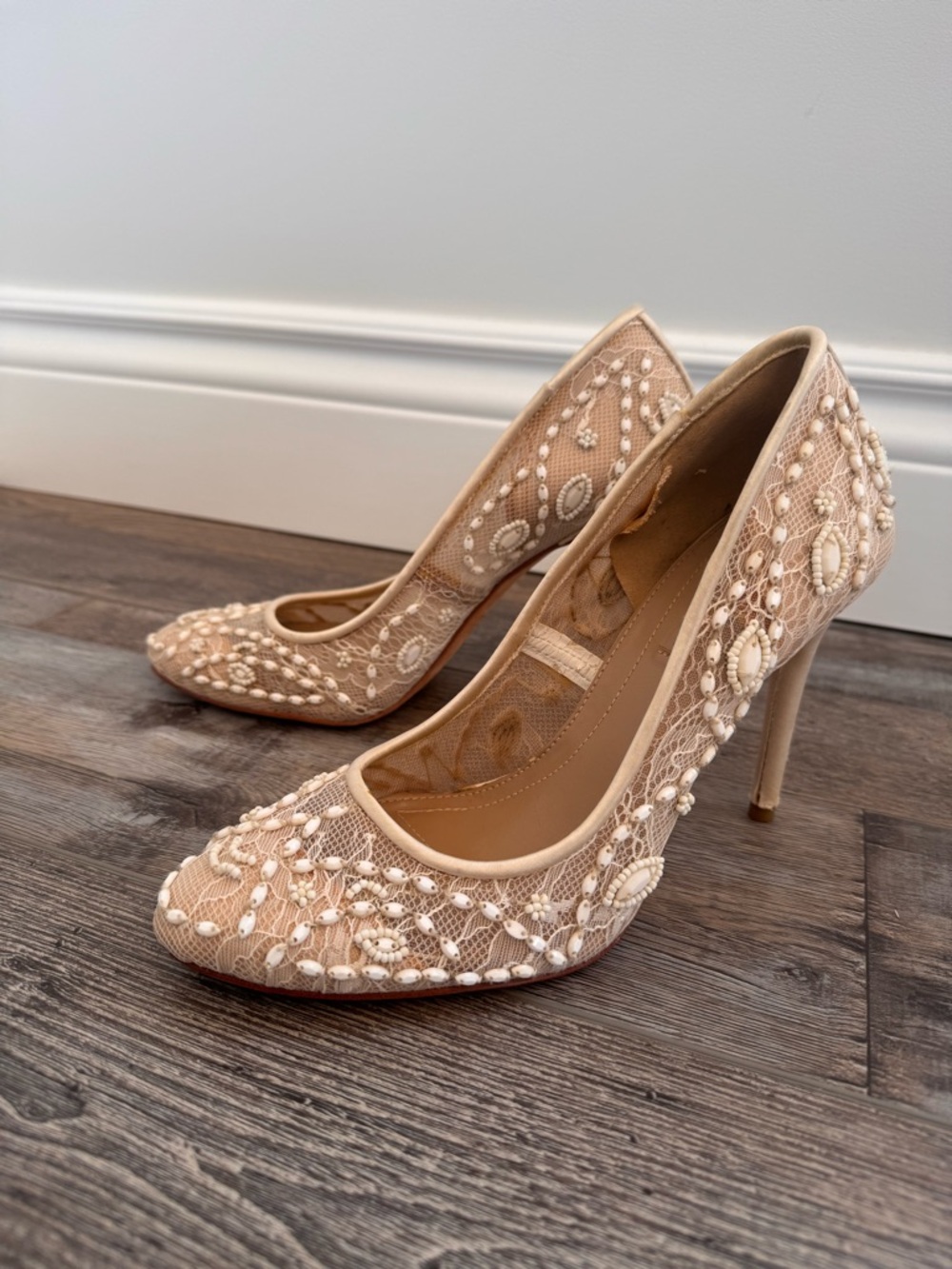 BCBGMaxAzria Nude Embellished Lace Stiletto Pumps